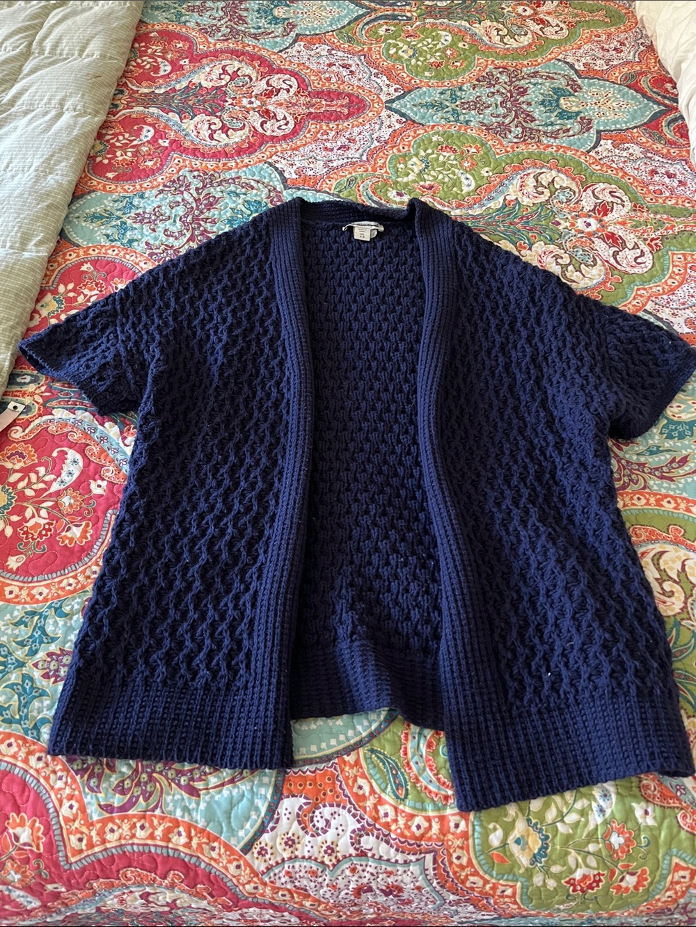 Open-Front Navy Short-Sleeve Knit Sweater Cardigan